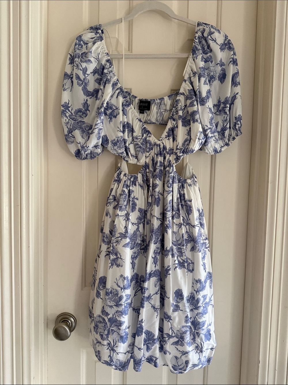 Bardot White and Blue Floral Puff-Sleeve Cutout Mini Dress